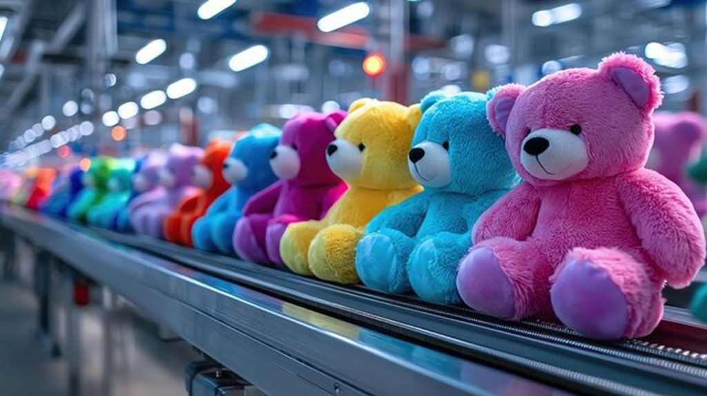 Rows of brightly colored teddy bears, including pink, blue, yellow, and green, lined up on a conveyor belt inside a modern plush toy manufacturing factory.