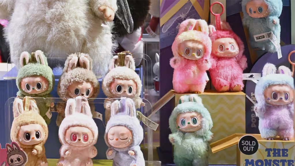 Colorful collectible designer plush toys dressed in fuzzy animal costumes displayed on shelves in a toy shop with “Sold Out” signs on some models.