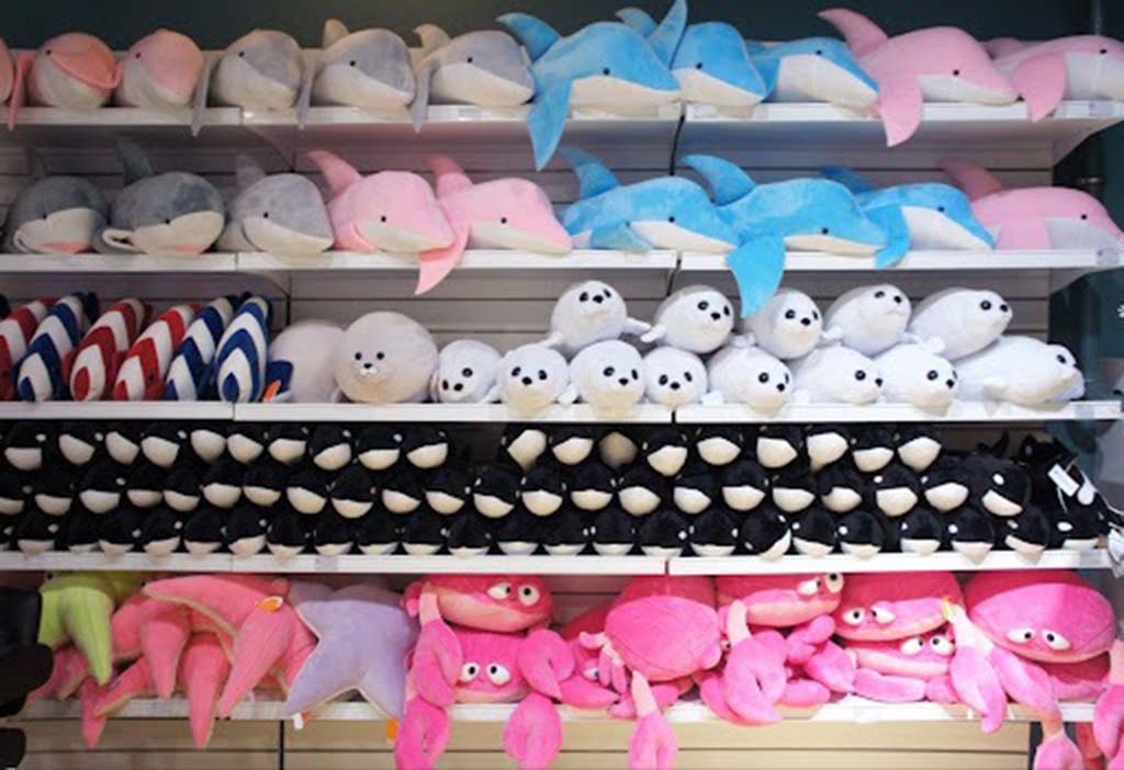 Shelves filled with colorful ocean-themed plush toys including dolphins, seals, killer whales, and crabs, neatly arranged in rows inside a toy store display.