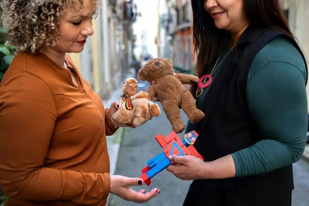 Two women standing outdoors exchanging plush toys and a wooden robot figure, reviewing samples for toy design or quality comparison.