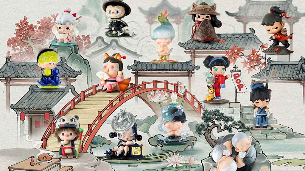 Pop Mart collectible figures arranged in an artistic Chinese garden scene with bridges, temples, and trees.