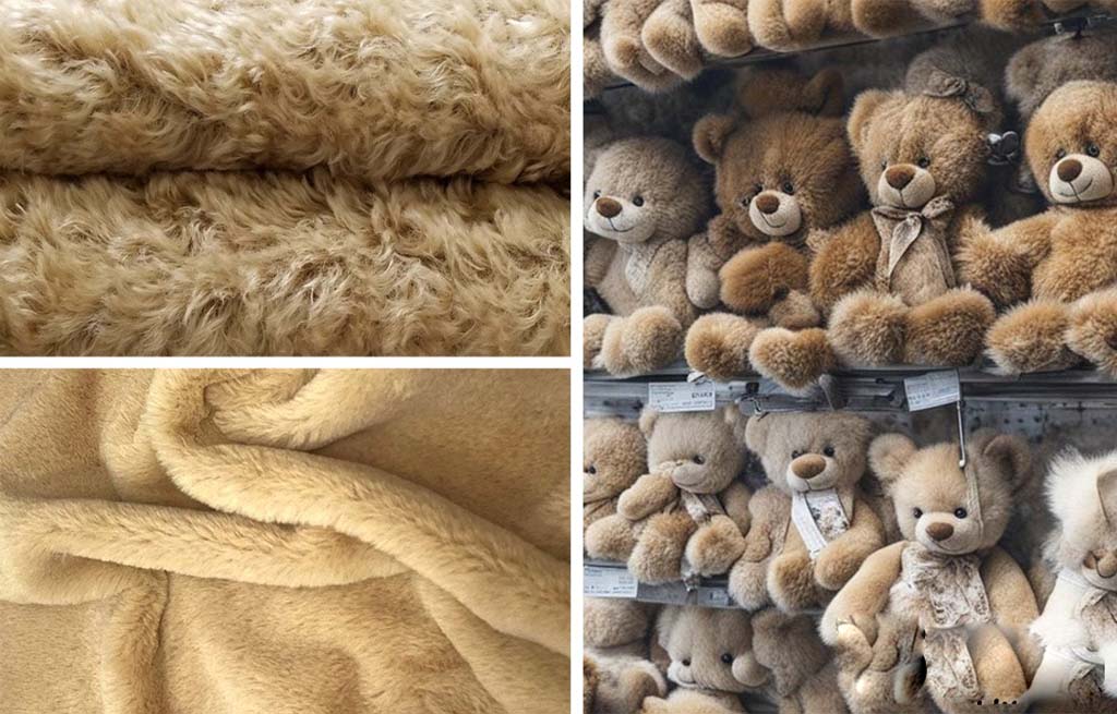 Collage showing different textures of plush fabrics and shelves filled with soft teddy bears made from various fur materials.