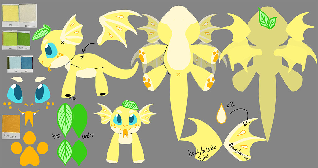 Illustrated plush design sheet showing a yellow dragon character with fabric swatches, eye and paw details, sewing guides, and multiple pattern views for production.