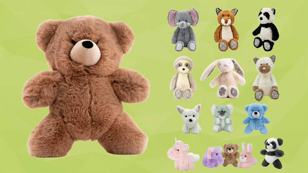 A collection of cute plush toys including a large brown teddy bear, elephants, foxes, pandas, bunnies, and other animals displayed on a light green background.