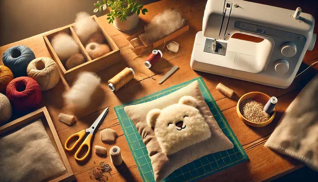 Sewing table with a sewing machine, scissors, threads, stuffing, and a cute bear-face pillow in progress for plush toy making.