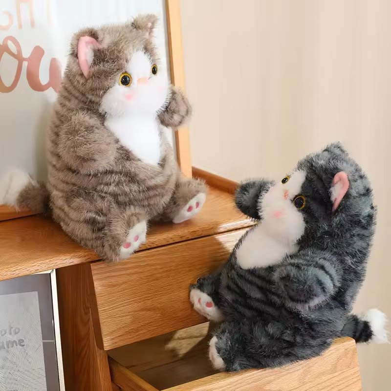 Two fluffy plush cat toys with striped fur and white bellies sitting on wooden drawers facing each other.