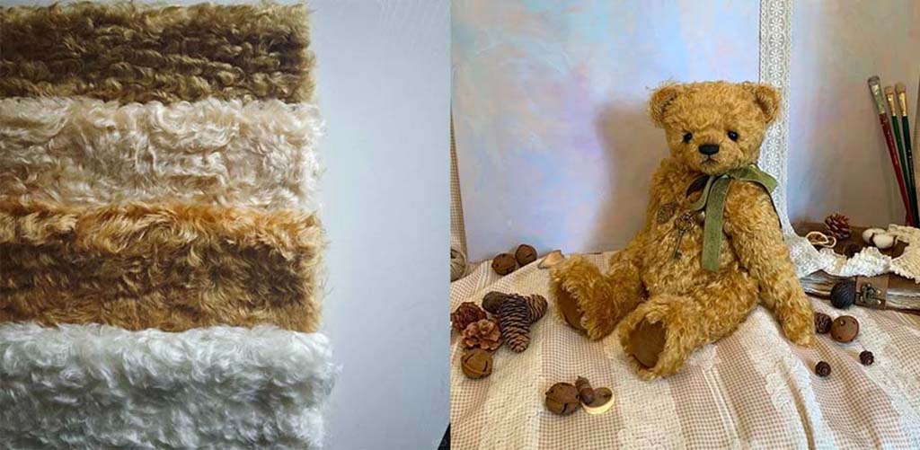 Various shades of mohair fabric and a handmade teddy bear made from mohair, showcasing premium material for vintage-style plush toys.