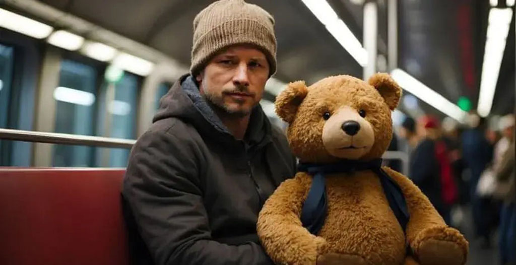 Man wearing a beanie and jacket sitting on a subway seat while holding a large brown teddy bear with a backpack, symbolizing comfort and companionship.