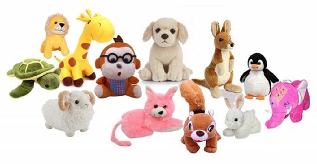  Collection of assorted animal plush toys including a lion, giraffe, penguin, elephant, and rabbit displayed on a white background.