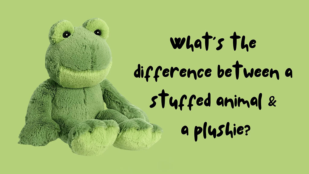 Green plush frog toy beside text asking about the difference between a stuffed animal and a plushie on a light green background.