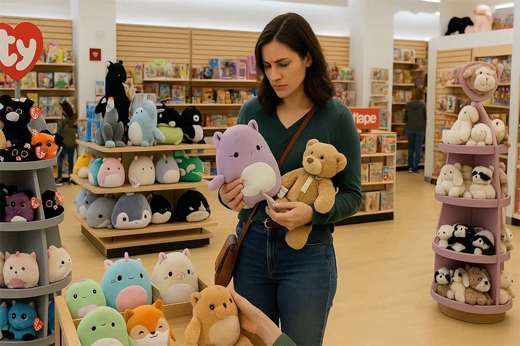 Woman in a toy store holding a teddy bear and a purple stuffed cat, comparing plush toys surrounded by shelves filled with colorful stuffed animals.