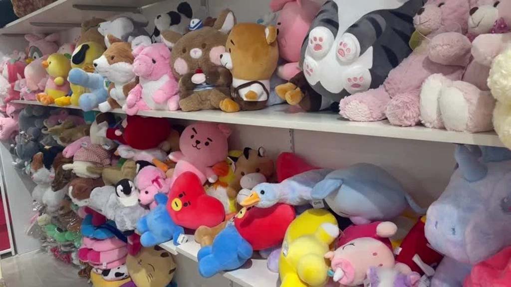 Colorful shelves filled with various plush toys including cats, bears, ducks, and cartoon characters displayed in a toy store.
