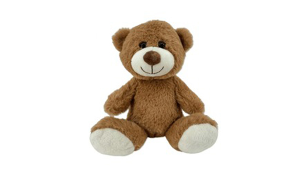 A small brown teddy bear with white paws and a smiling face sitting upright on a white background.