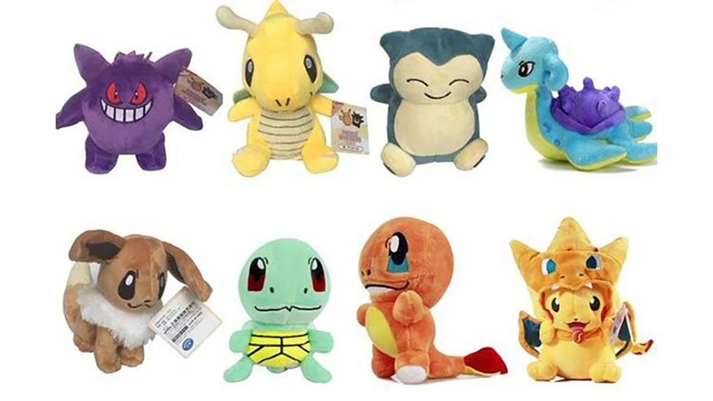 Eight colorful plush toys inspired by popular cartoon creatures, including purple, yellow, blue, green, brown, and orange characters, arranged in two rows on a white background.