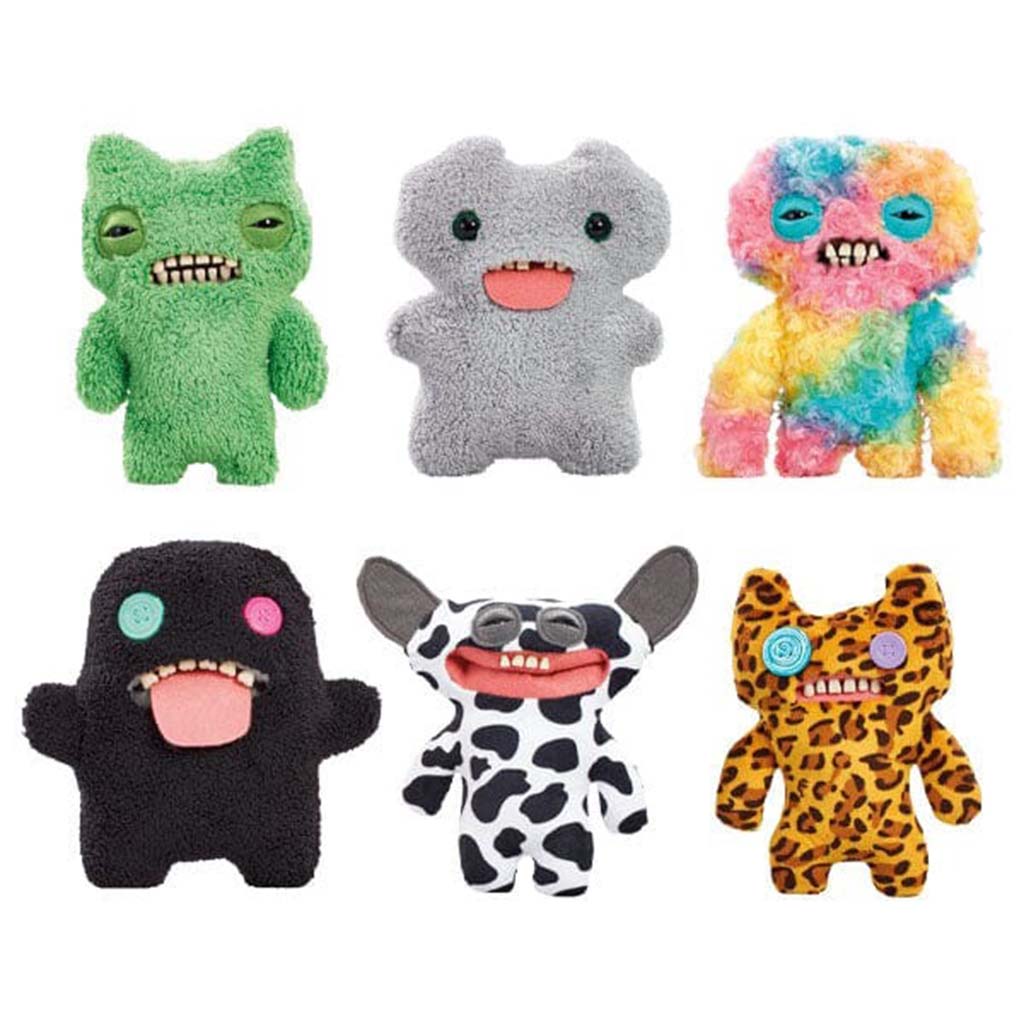 A set of six quirky monster plush toys in various colors and patterns, featuring button eyes and toothy grins on a white background.