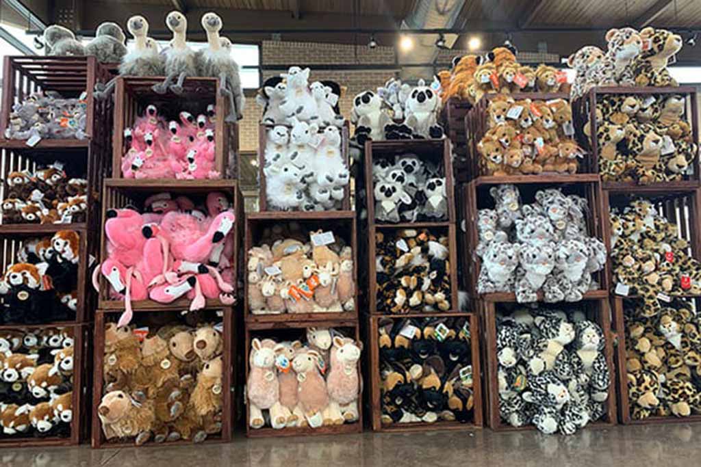 Shelves filled with colorful plush toys including pandas, flamingos, llamas, and leopards neatly arranged in a gift shop.