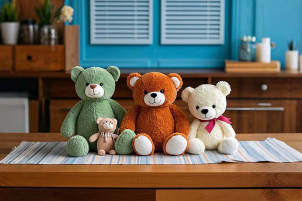 A group of colorful teddy bears in green, brown, and cream sitting on a wooden table with a striped cloth in a cozy room.