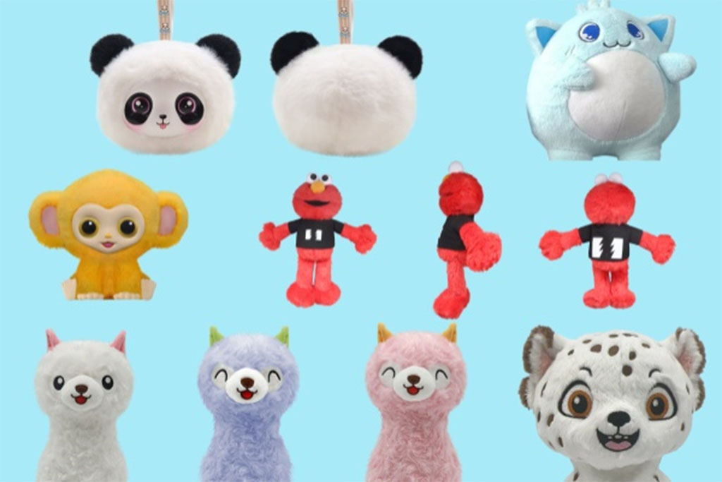 Various colorful plush toys including pandas, a monkey, alpacas, Elmo dolls, and a cat displayed on a light blue background.