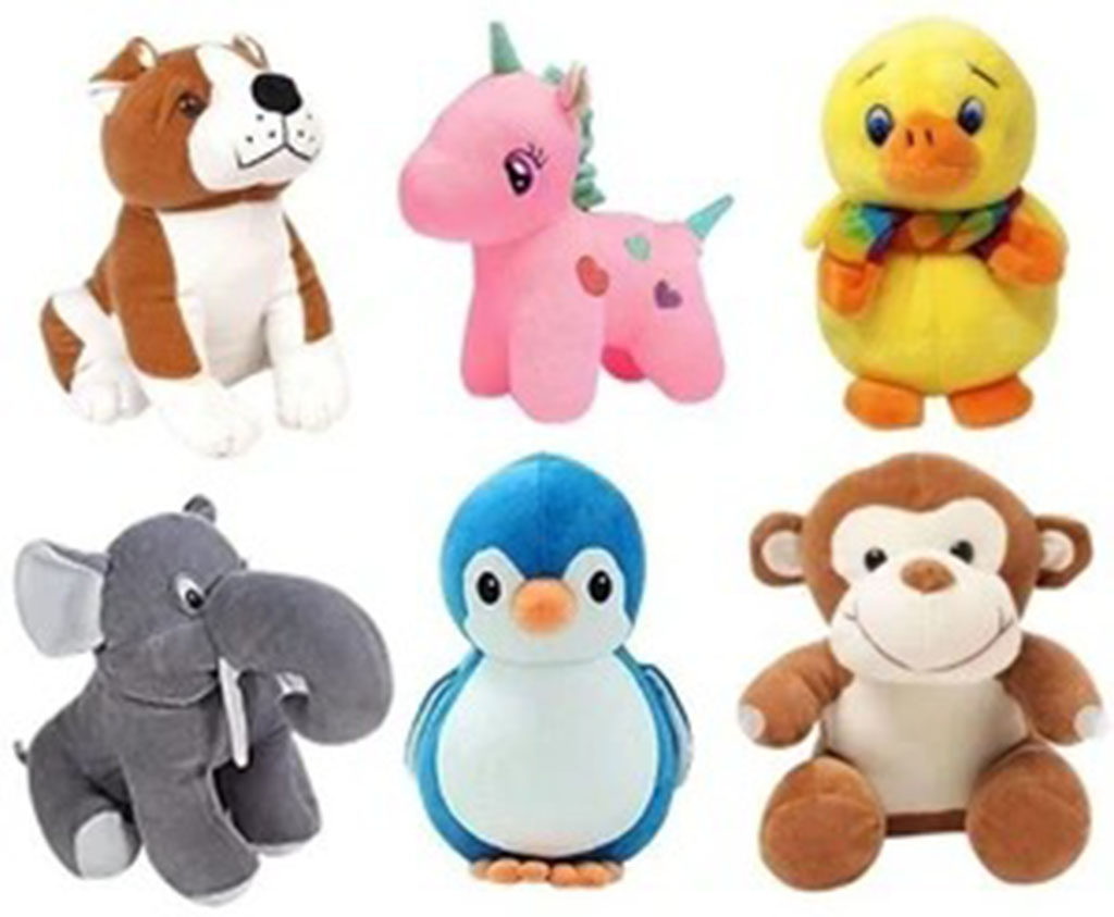 Set of six colorful stuffed animals including a dog, unicorn, duck, elephant, penguin, and monkey arranged on a white background.