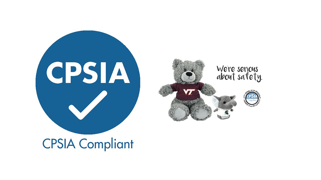 CPSIA compliance logo beside two gray plush toys wearing shirts, emphasizing product safety and compliance with U.S. toy safety standards.