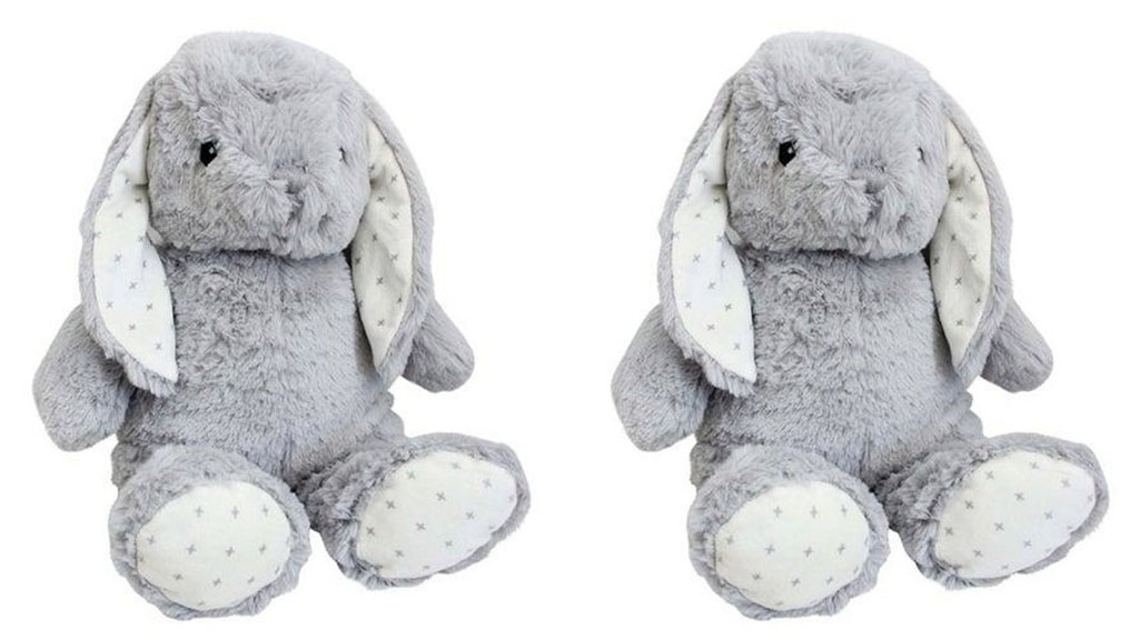 Two identical gray plush bunny toys with long floppy ears and white star-patterned fabric on their ears and feet, displayed side by side on a white background.