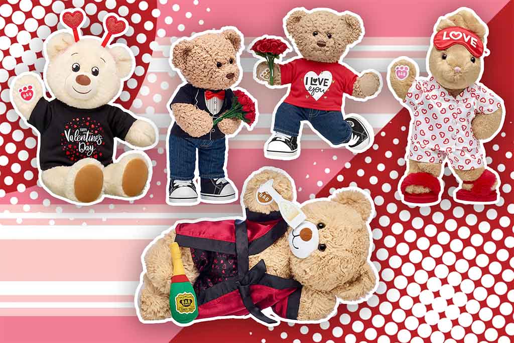 Cute Valentine-themed teddy bears dressed in romantic outfits holding roses and heart accessories on a red patterned background.