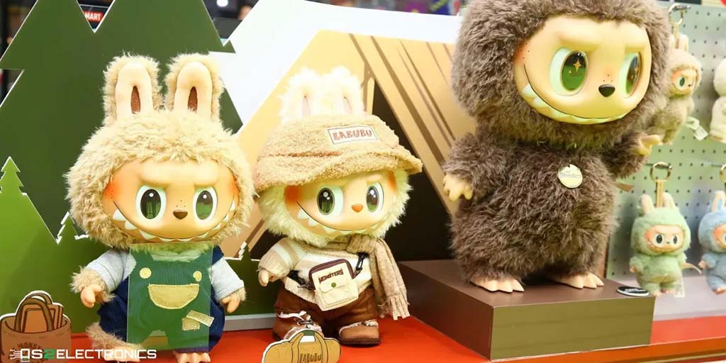 A colorful display of Labubu collectible plush and vinyl figures dressed in cute animal costumes, showcased on a shelf with forest-themed decor.