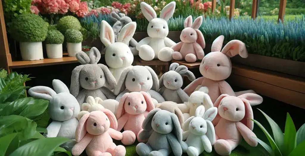 A group of pastel-colored bunny plush toys arranged in a garden scene surrounded by flowers and greenery.