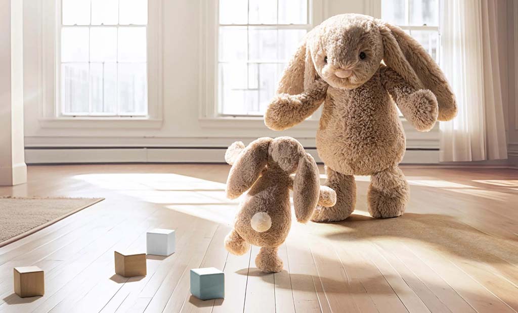 Two soft brown Jellycat bunny plush toys, one large and one small, standing on a sunlit wooden floor with toy blocks nearby.