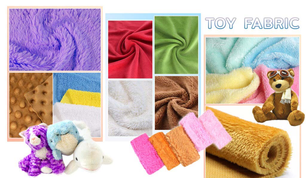 Collage of colorful plush toy fabrics including minky, velvet, flannel, and faux fur textures with example plush animals showing material applications.