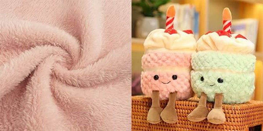 Soft pink flannel plush fabric and two plush cake toys made from flannel material, showcasing warmth and fluffy texture.