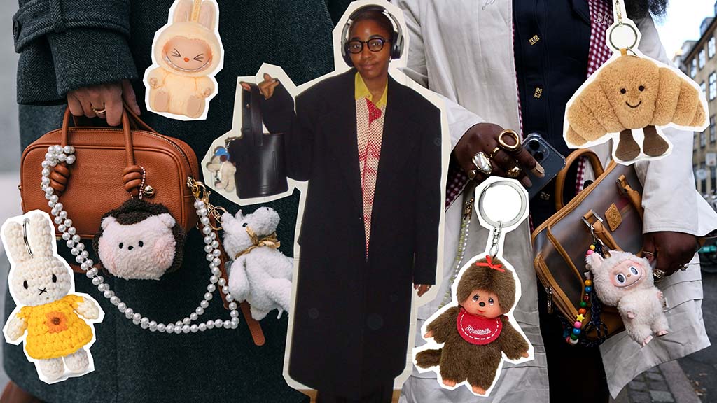 Collage showing stylish people carrying handbags decorated with cute plush keychains shaped like animals, food, and cartoon characters.
