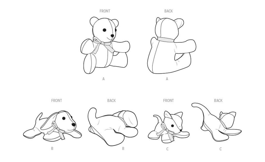 Black and white design sheet showing front and back technical drawings of teddy bear, dog, and cat plush toy patterns with labeled sections A, B, and C.