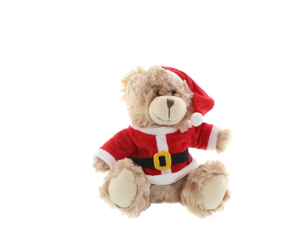 Cute brown teddy bear plush wearing a red Santa outfit with a black belt and matching hat, sitting against a white background.