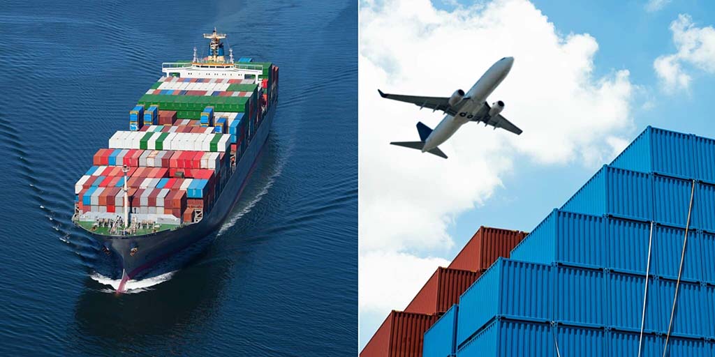 Comparison of global shipping methods showing a cargo ship carrying colorful containers on the ocean beside an airplane flying above stacked shipping containers against a blue sky.
