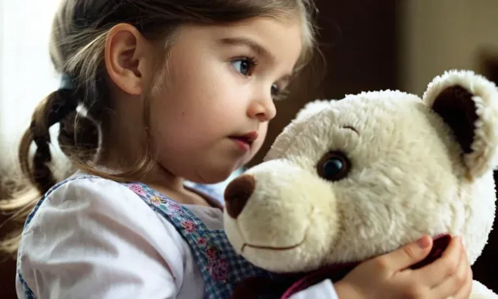 A young girl with braided hair gently holding a white teddy bear, gazing thoughtfully while sitting indoors in natural light.