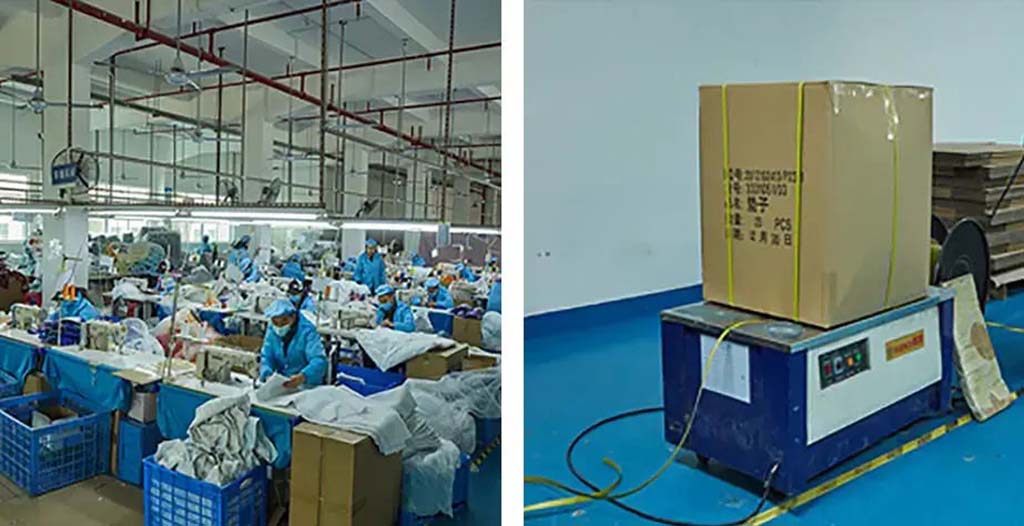 A view of workers in a plush toy manufacturing workshop on the left and a large packed carton ready for shipment on the right.