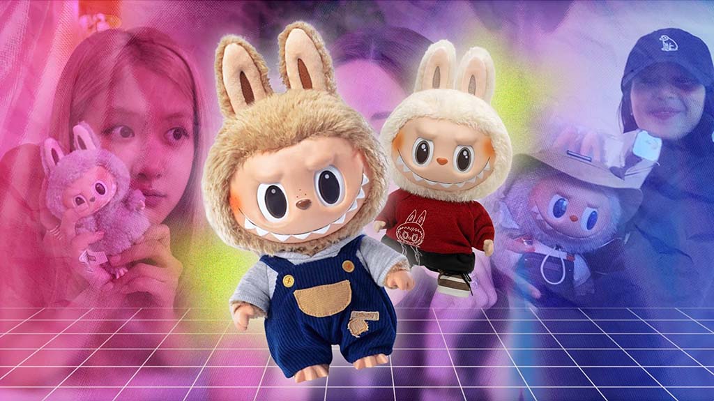 Two Labubu-style plush dolls wearing bunny-ear hoods and cute outfits displayed on a colorful gradient background with fans holding similar toys.