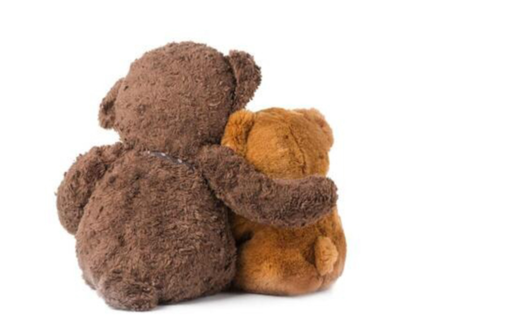 Back view of two soft plush teddy bears, one brown and one tan, sitting together in a hug on a white background.