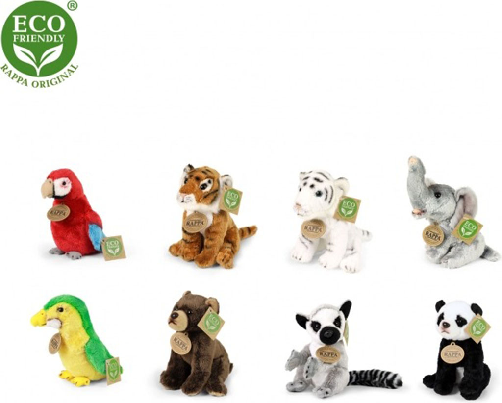 Set of eco-friendly plush animal toys including tiger, panda, elephant, parrot, and lemur, each with a brown tag labeled “Rappa Original.”