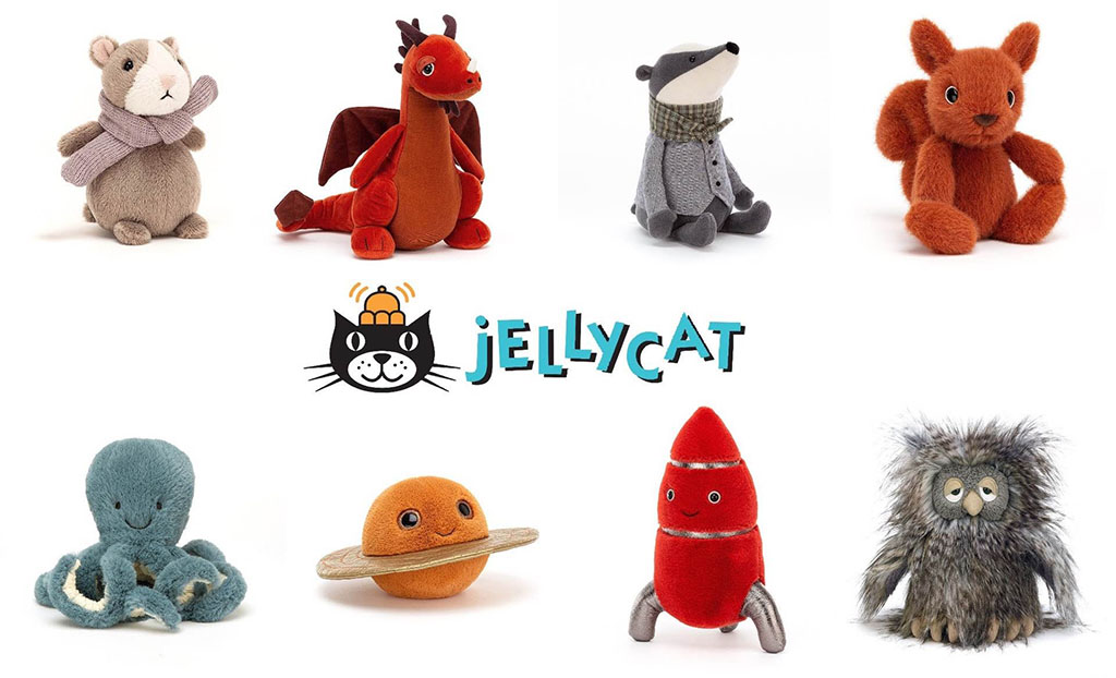 Assorted Jellycat plush toys including animals, fantasy creatures, and planets displayed around the Jellycat logo.