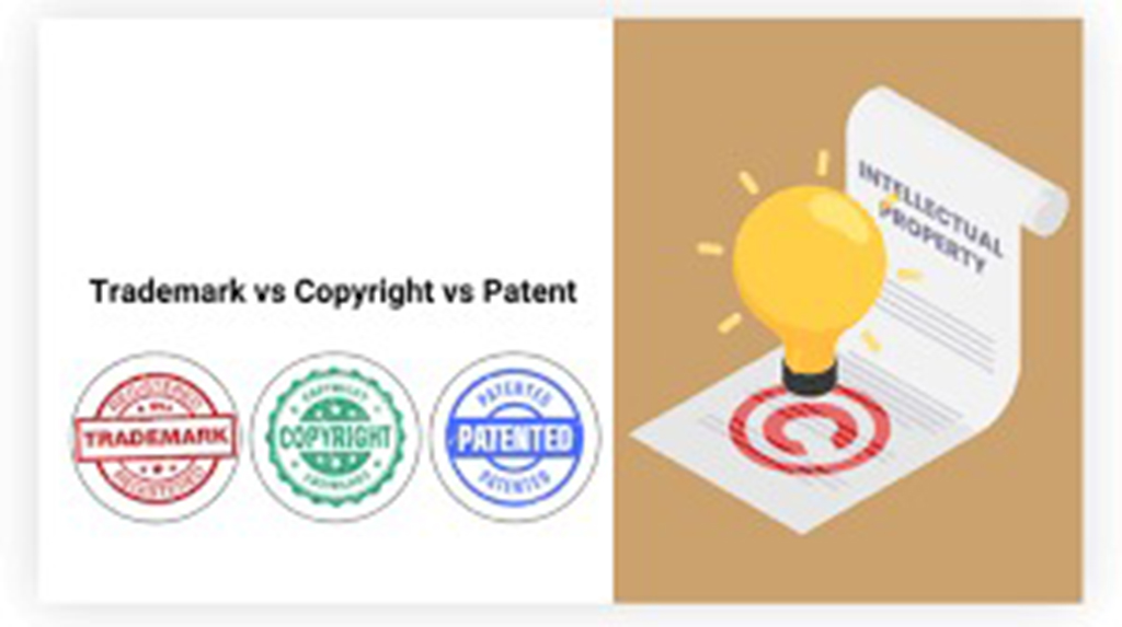 Illustration showing trademark, copyright, and patent symbols with an intellectual property document and glowing light bulb representing creative protection concepts.