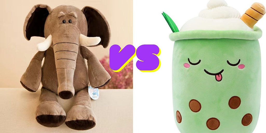  Side-by-side comparison of a classic brown elephant plush toy and a cute green bubble tea plush with a straw and whipped cream top, separated by a bold “VS” graphic.