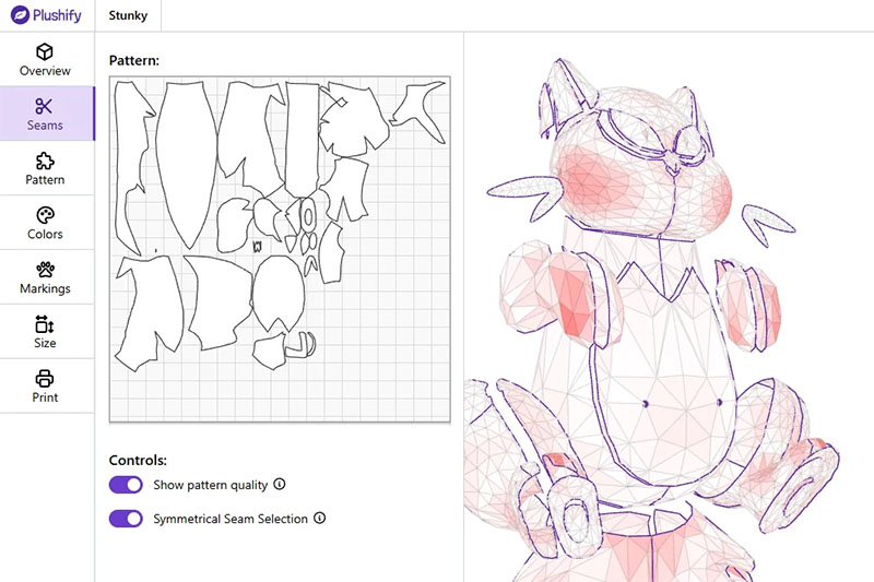 Digital plush-toy design software displaying a 3D mesh model on the right and automatically generated sewing pattern pieces on the left, used for creating accurate plush prototype templates.