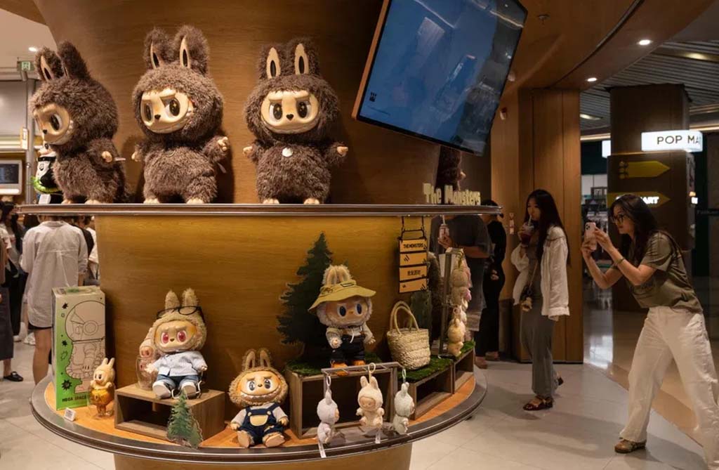  Shoppers viewing and photographing a display of Labubu plush figures and collectibles arranged on a circular wooden shelf in a Pop Mart store.