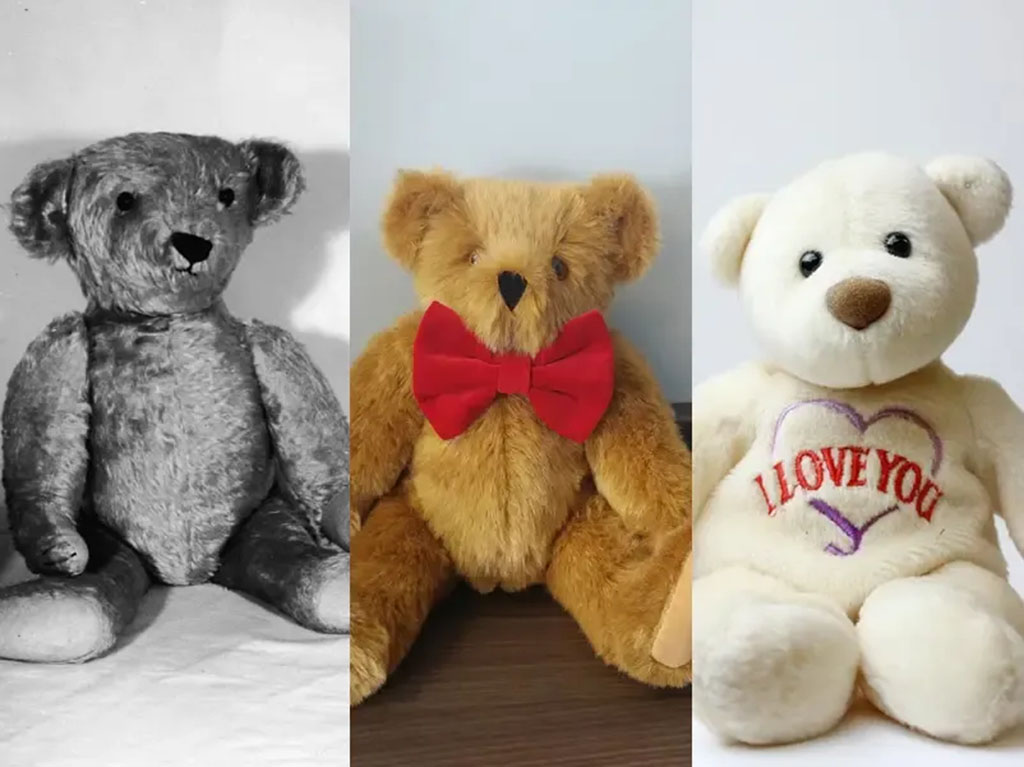 Three teddy bears showing different eras of design — vintage gray bear, classic brown bear with red bow, and modern white bear with “I Love You” embroidery.
