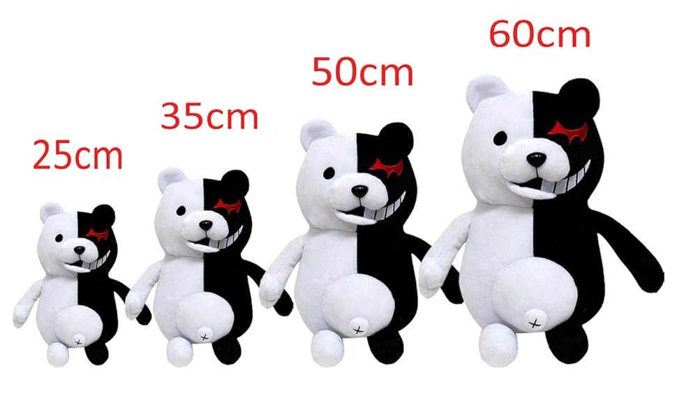 Four black-and-white plush bears displayed in increasing sizes—25 cm, 35 cm, 50 cm, and 60 cm—each with a split-color design and red eye detail.