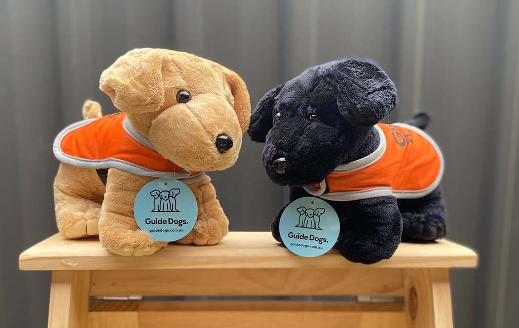 Two plush guide dogs—one cream and one black—wearing orange vests and sitting on a wooden stool with Guide Dogs tags.