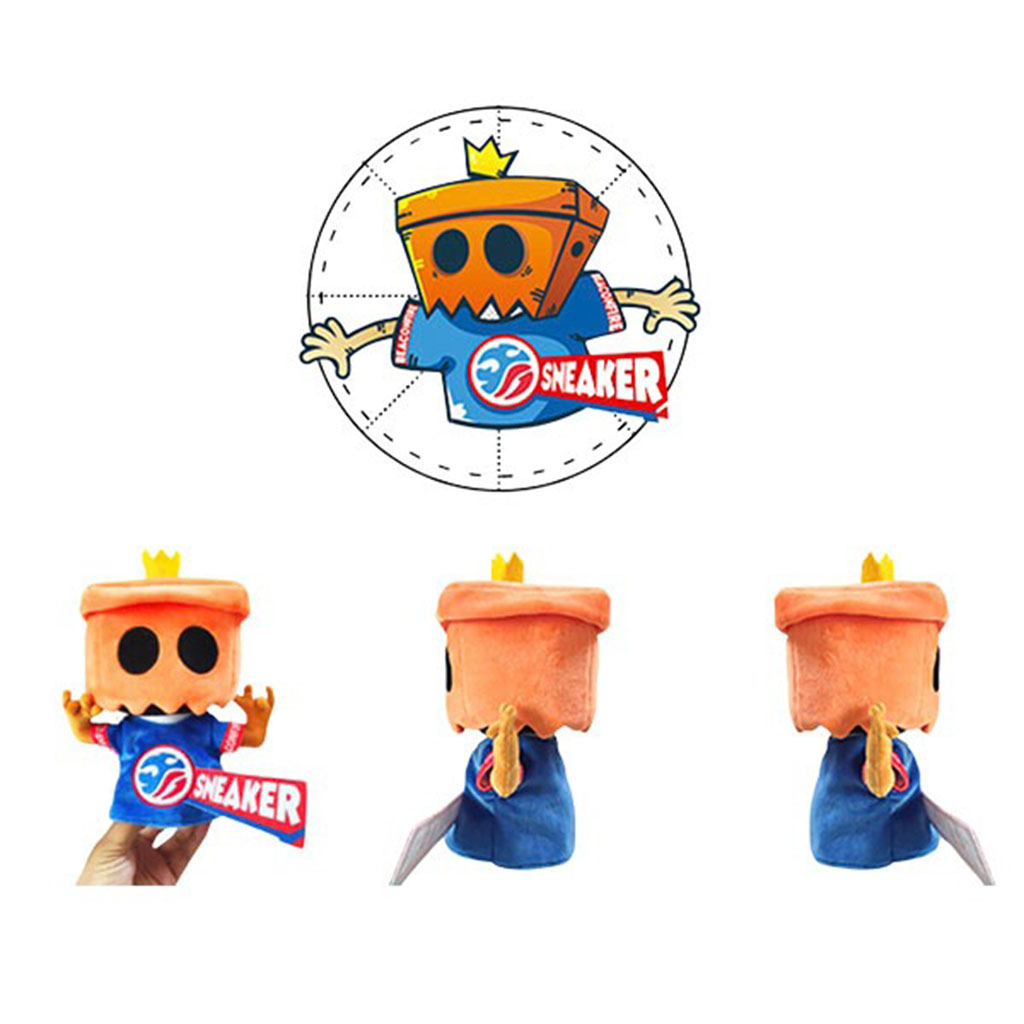 Custom plush mascot designed for a sneaker brand, shown from multiple angles with an orange square head, black eyes, crown detail, and blue branded outfit.