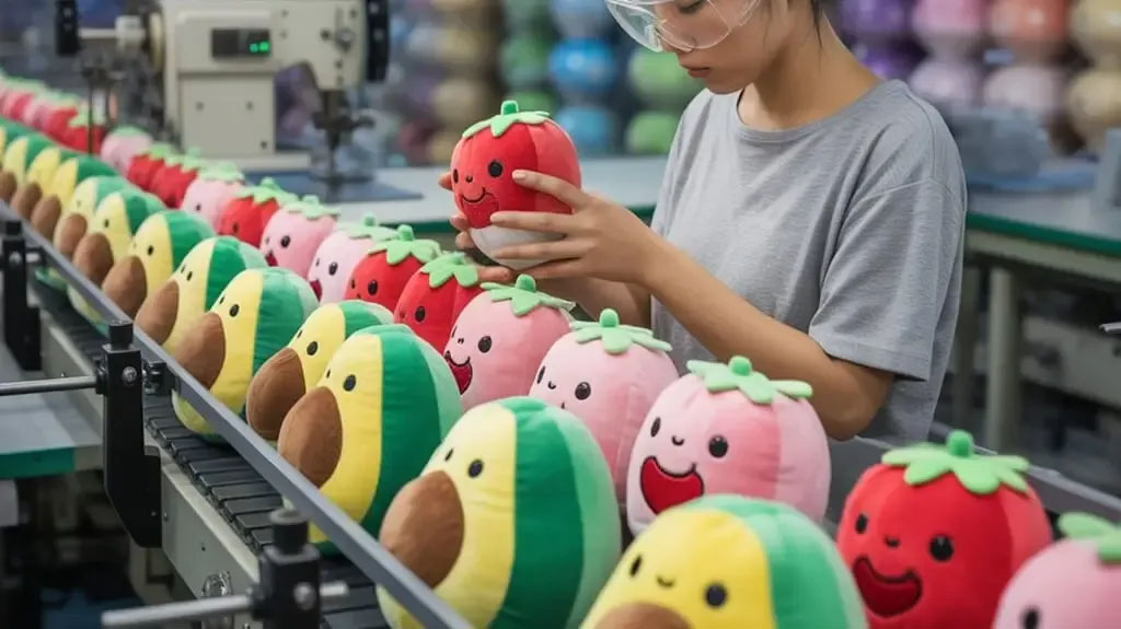 Worker inspecting colorful avocado and strawberry plush toys on a factory conveyor line.